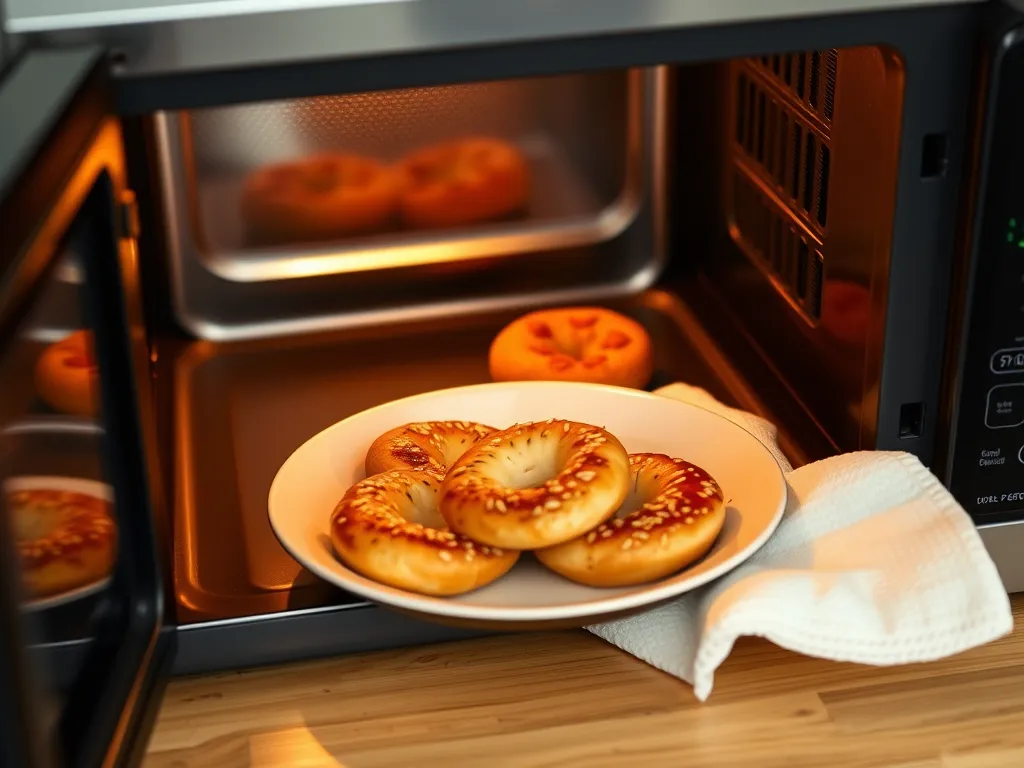 Delicious lazy microwave frozen mini pizza bagels cooking in the microwave.
