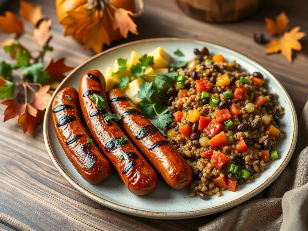 Delicious grilled plant-based sausages served with colorful grain and vegetable salad.