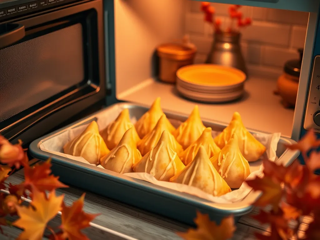 Frozen samosas arranged on a tray inside a microwave, ready for cooking to achieve a crispy texture.