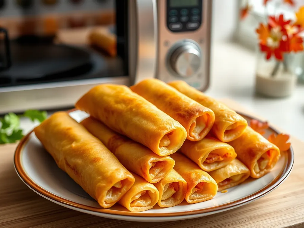 Deliciously arranged frozen spring rolls ready for microwaving