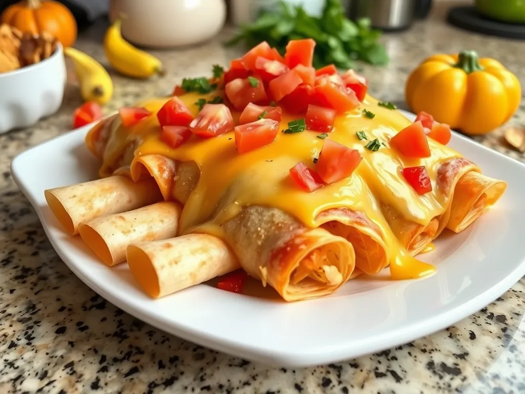 Plate of delicious lazy microwave frozen taquitos dip topped with melted cheese and fresh tomatoes.