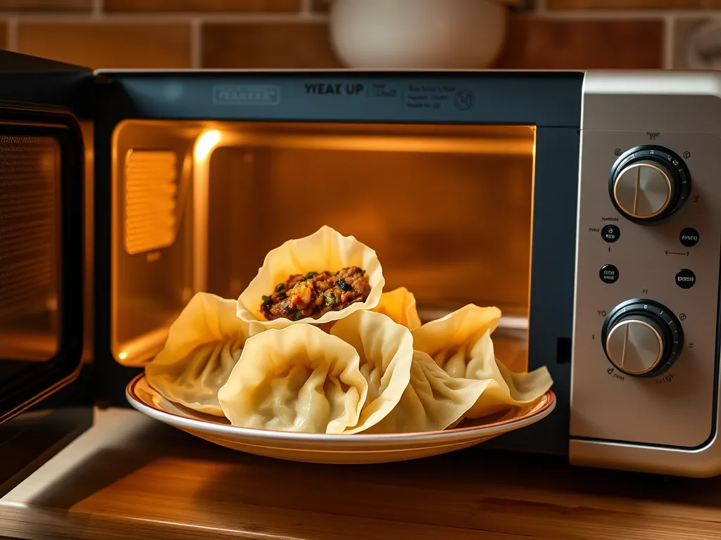 Delicious frozen vegan dumplings being microwaved for a quick meal.