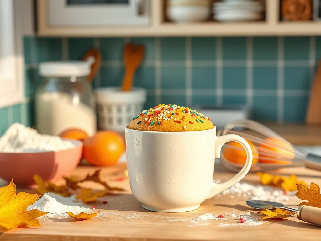 Delicious microwave funfetti mug cake topped with colorful sprinkles in a white mug.