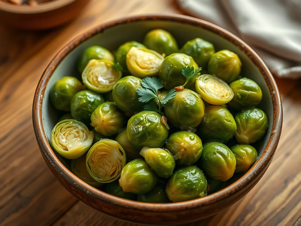 Delicious quick microwave garlic butter Brussels sprouts in a bowl.