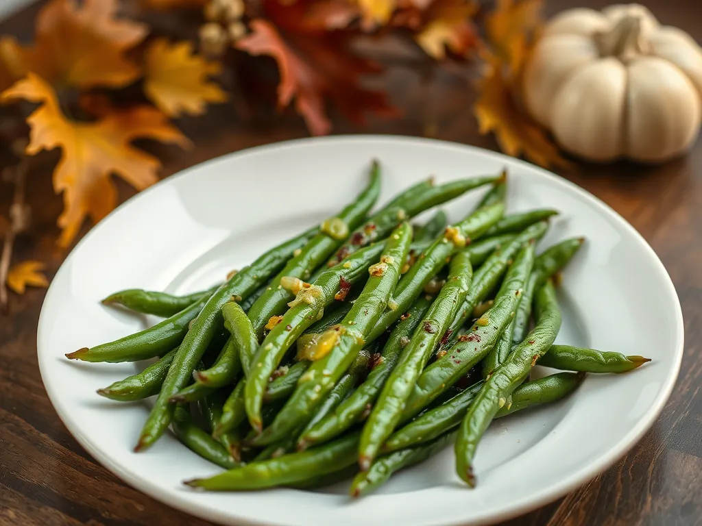 Delicious quick microwave garlic butter green beans on a plate, perfect side dish