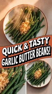 Delicious quick microwave garlic butter green beans served on a plate.