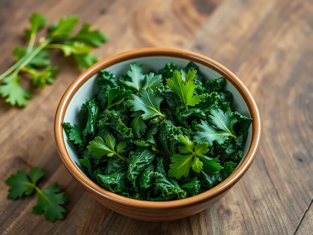 Bowl of fresh garlic kale ready for quick microwave cooking