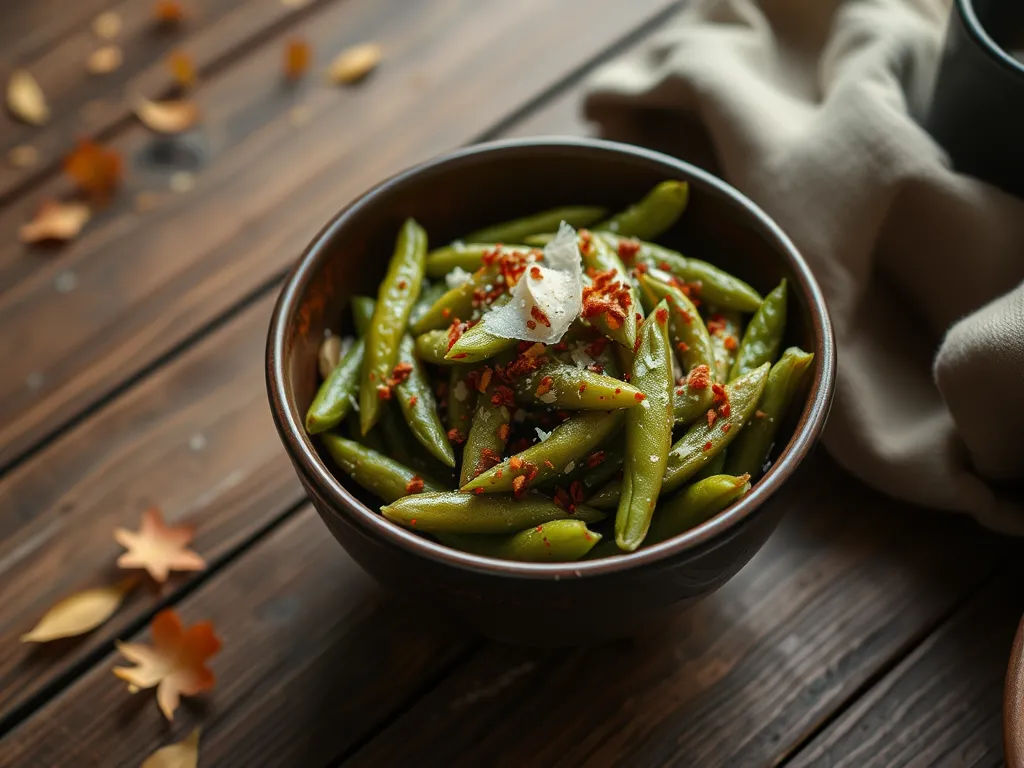 Bowl of quick microwave garlic Parmesan edamame with green beans and seasoning