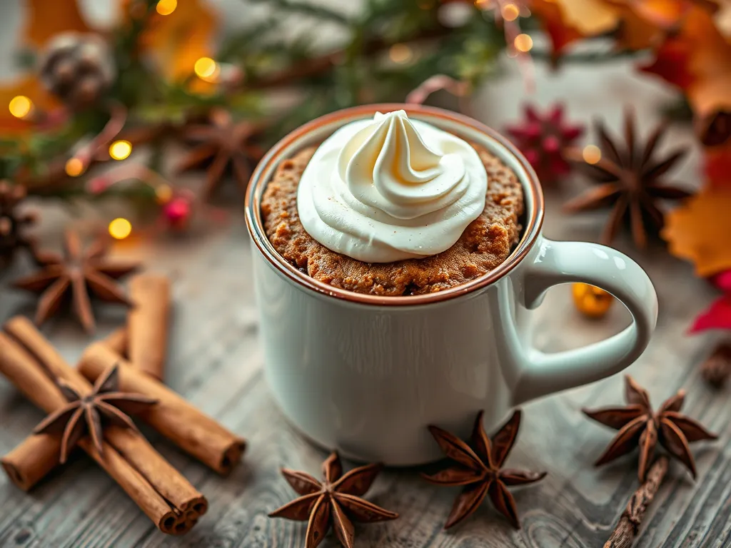 Delicious 2-Minute Microwave Gingerbread Mug Cake topped with whipped cream, perfect for the holiday season.