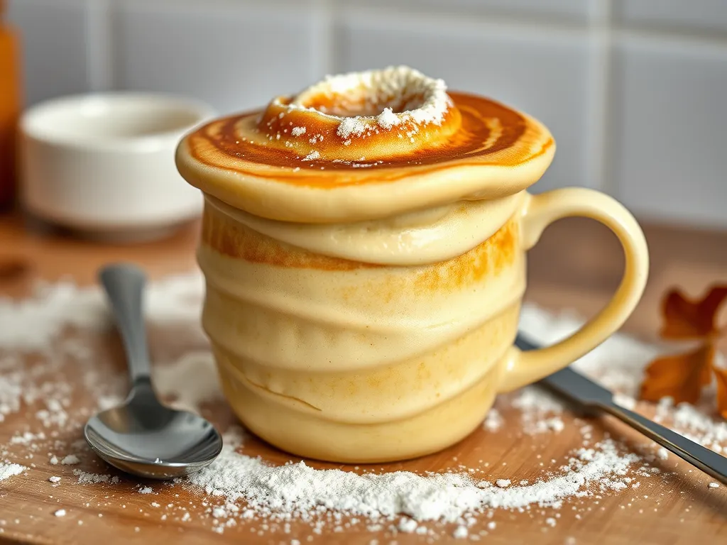 Delicious 2-Minute Microwave Greek Yogurt Pancake Mug topped with syrup and powdered sugar