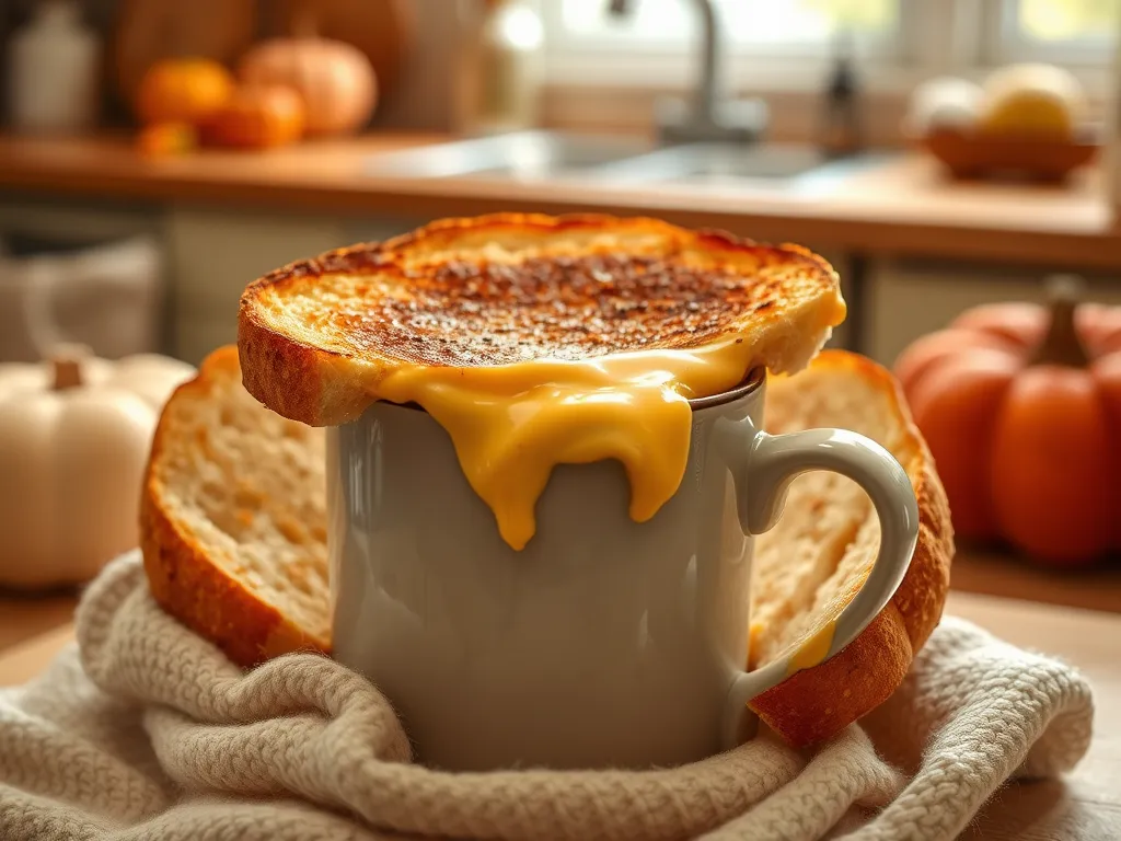 Delicious microwave grilled cheese in a mug with melted cheese