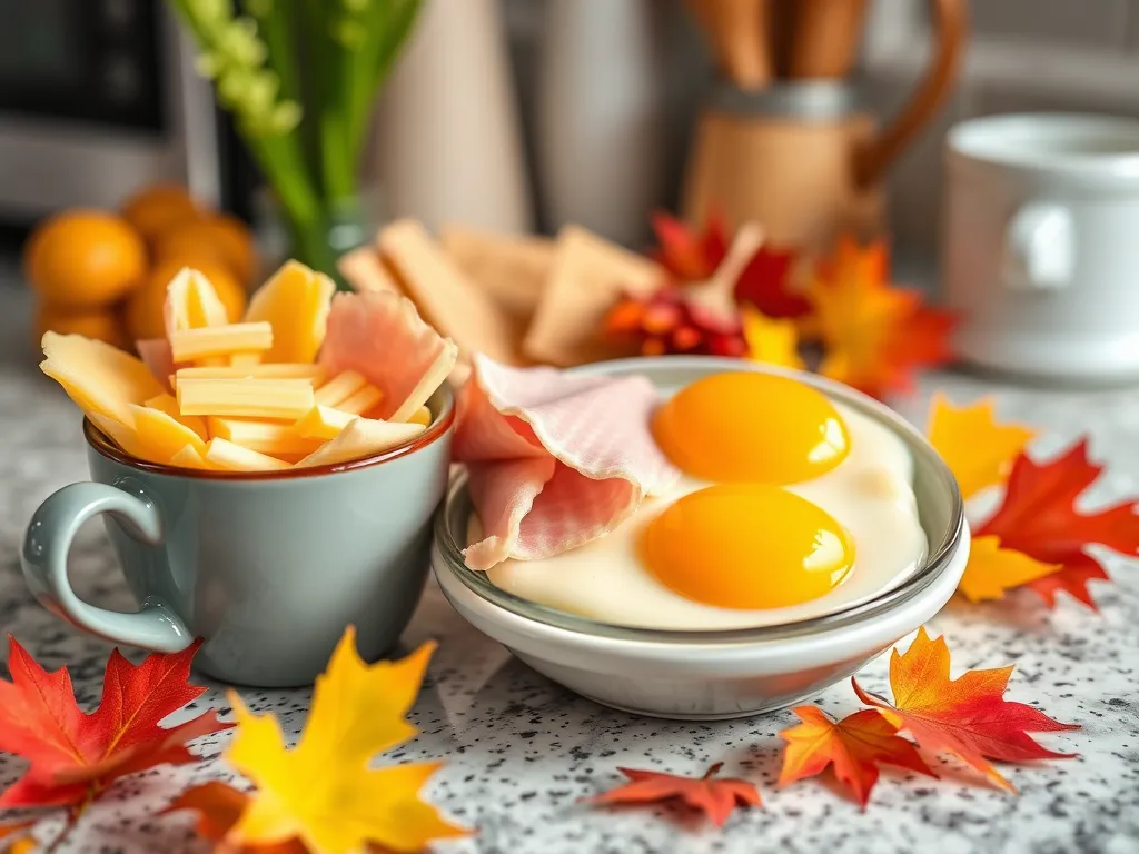 Ingredients for 2-Minute Microwave Ham & Cheese Breakfast Mug including eggs, ham, and cheese.