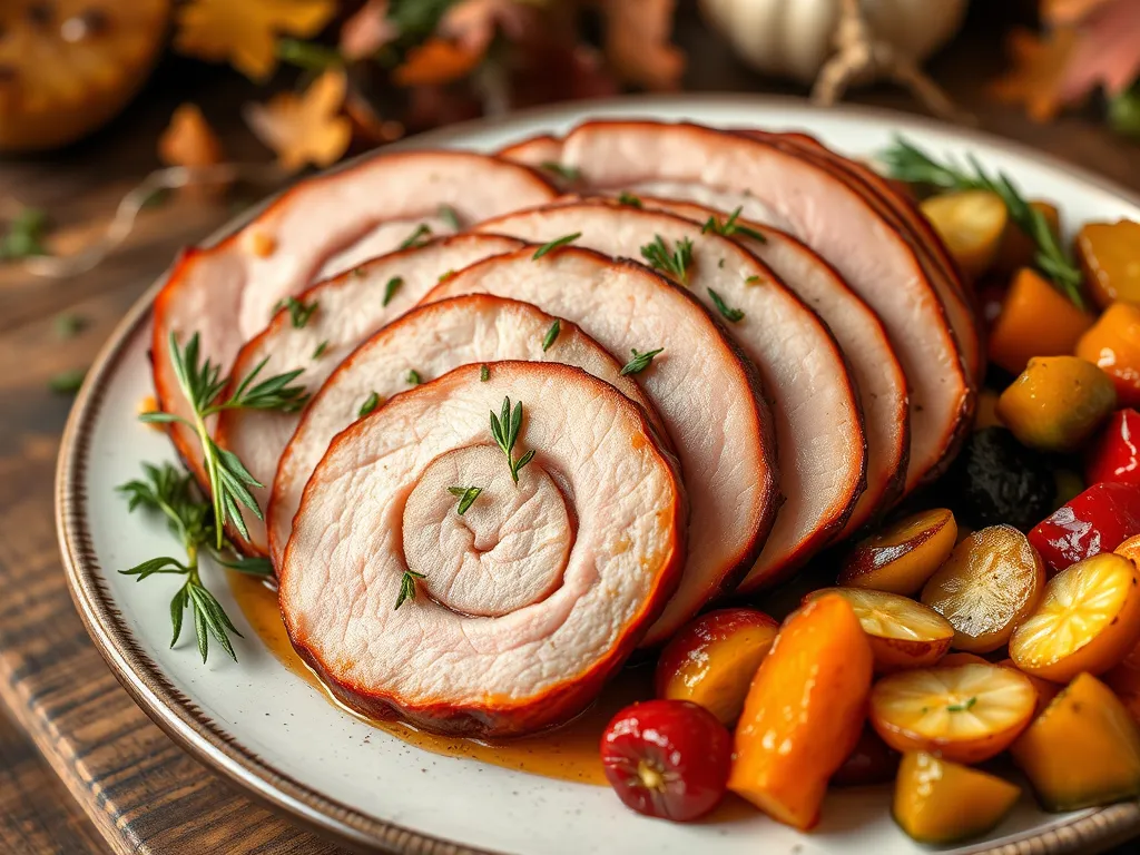 Sliced ham on a plate with vegetables, ideal for understanding how to cook ham in the microwave.