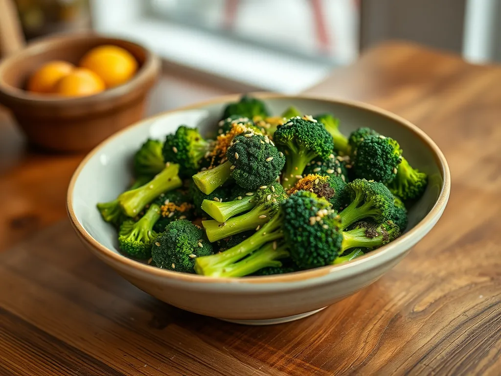 Bowl of quick microwave honey garlic broccoli with sesame seeds