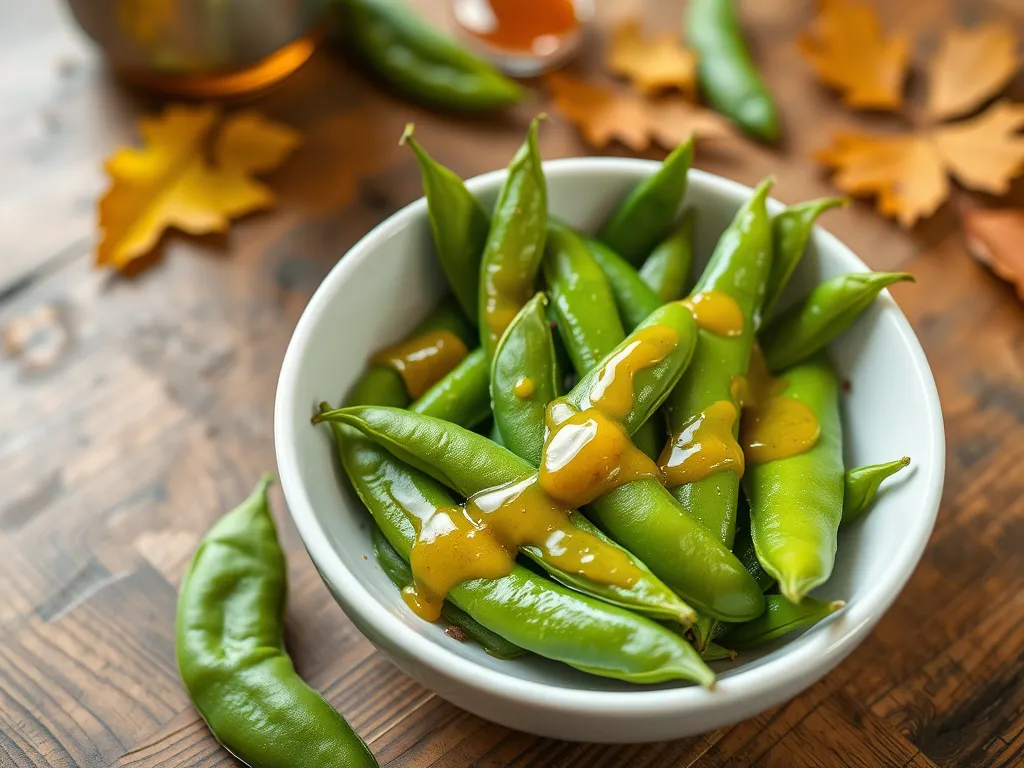 A bowl of fresh snap peas drizzled with honey mustard sauce, perfect for a quick microwave recipe.