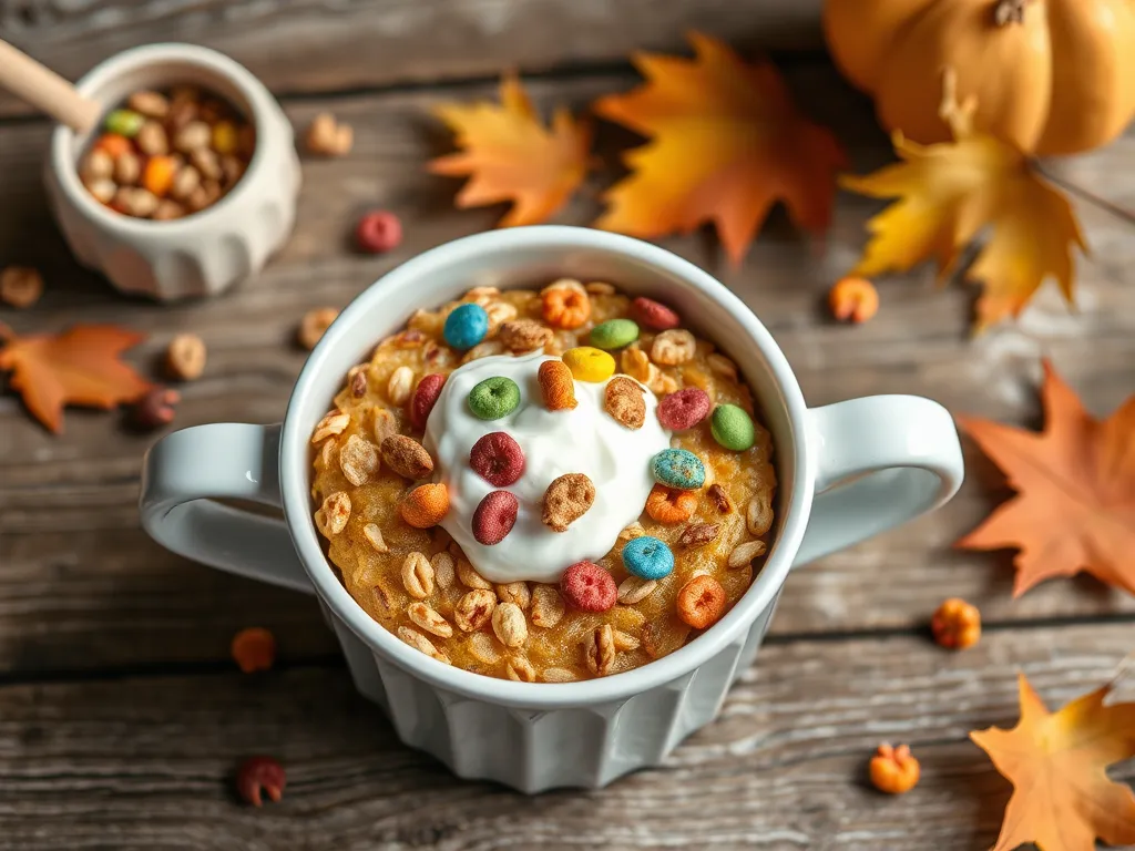 Delicious 2-Minute Microwave Honey Nut Cereal Mug Cake topped with whipped cream and colorful cereal