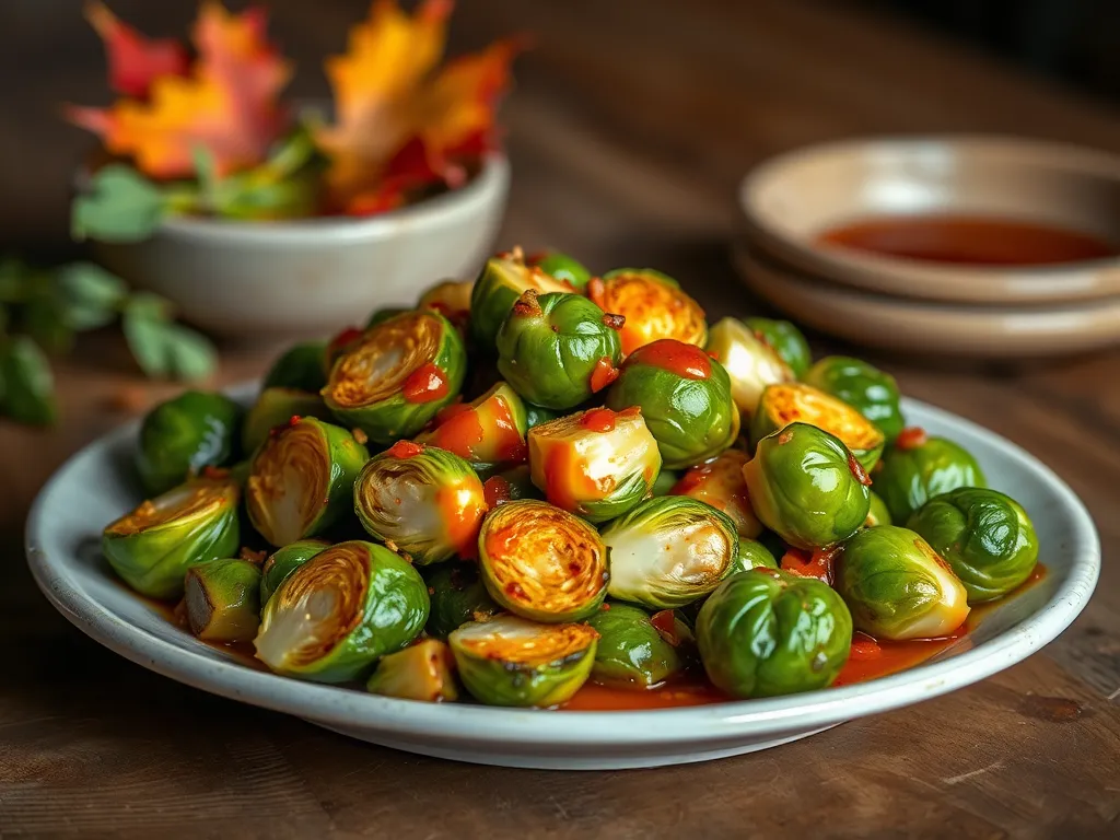 Delicious microwave honey sriracha Brussels sprouts topped with vibrant sauce.