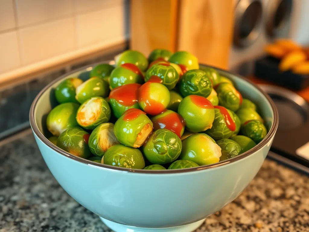 A bowl of Brussels sprouts drizzled with honey and sriracha, ready for microwave cooking