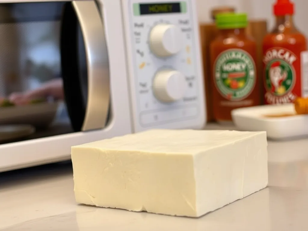 Block of tofu ready to be microwaved for honey sriracha tofu recipe