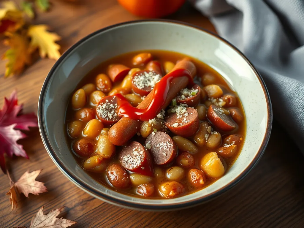 Delicious microwave hot dog and beans in a bowl, perfect for quick meals.