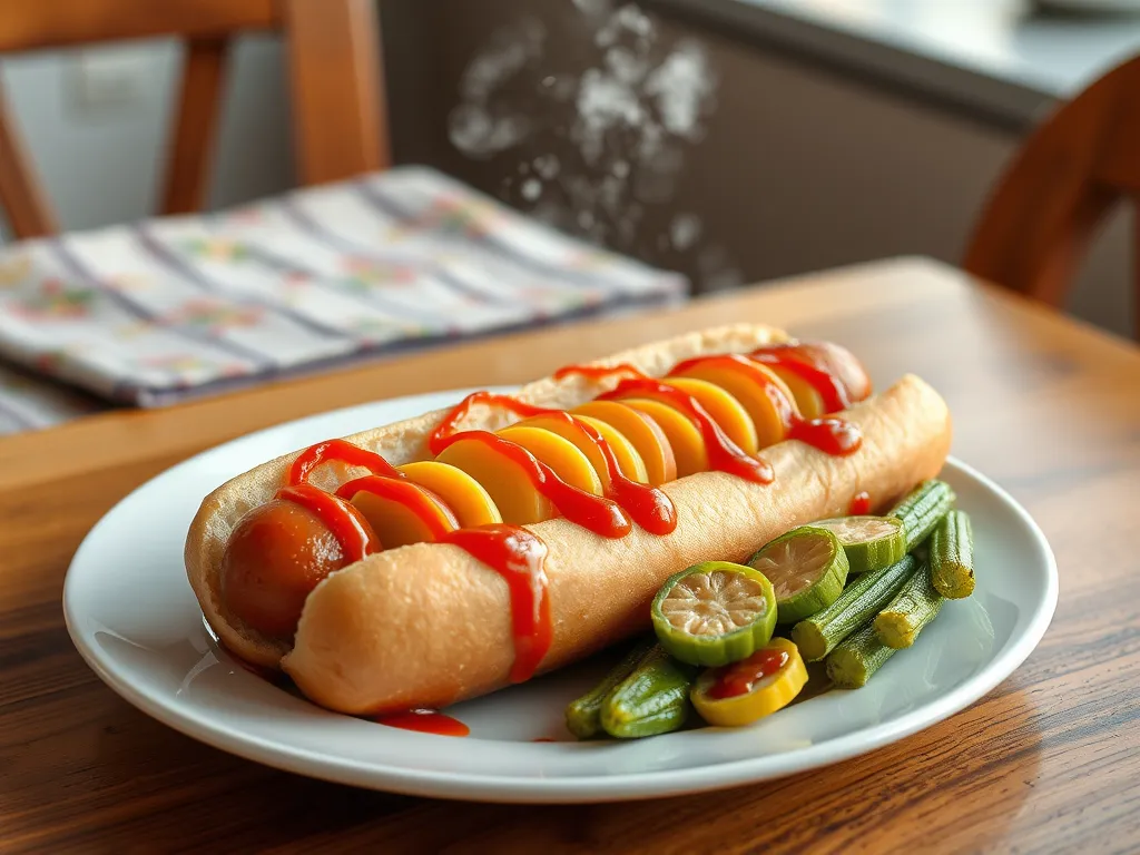 Delicious microwave hot dog topped with ketchup and served with canned diced okra.