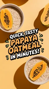 Bowl of lazy microwave instant oatmeal topped with canned papaya, perfect for a quick meal