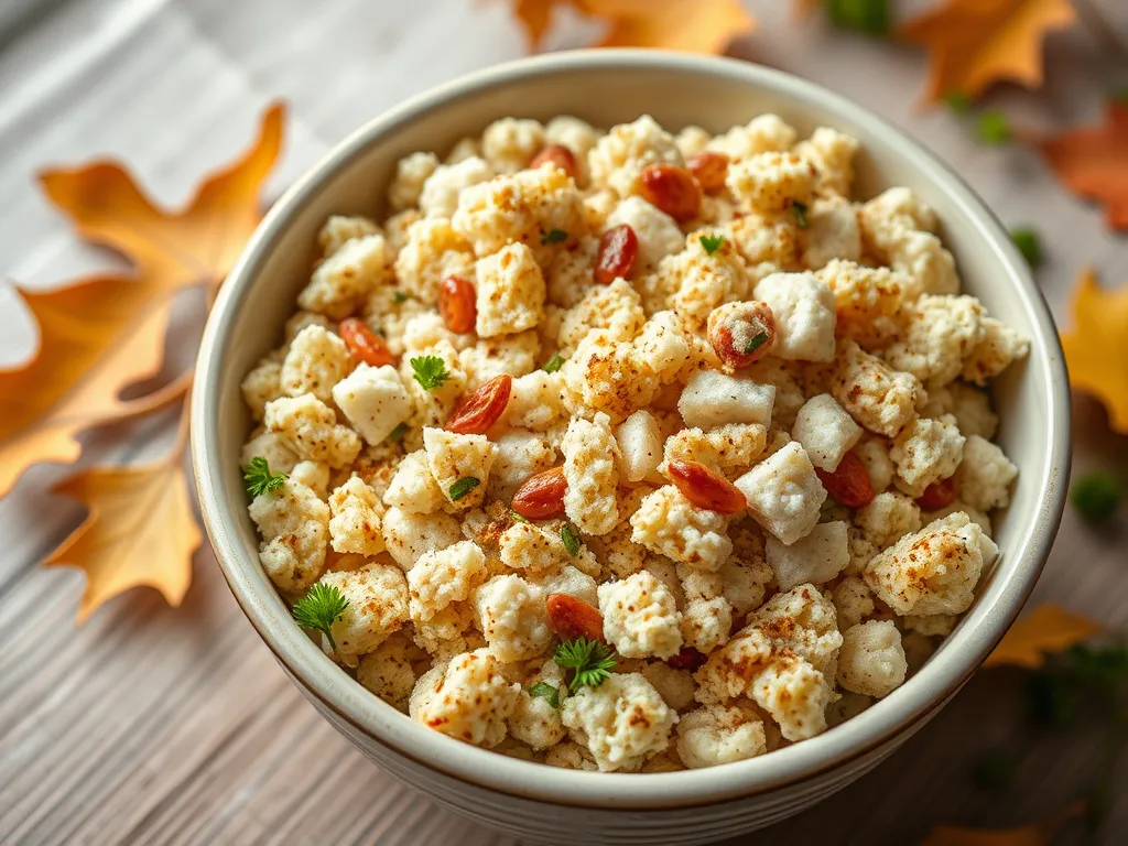 Bowl of lazy microwave instant stuffing mix with fall leaves in the background