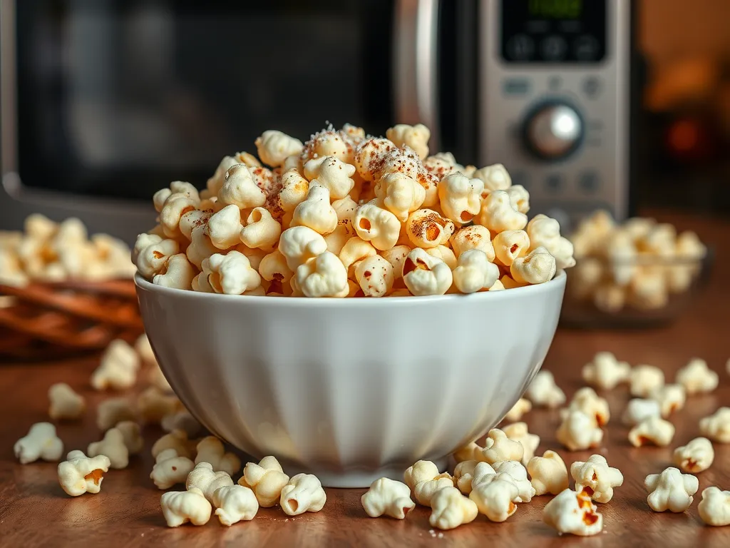 Bowl of kettle corn made in the microwave, surrounded by popcorn kernels.