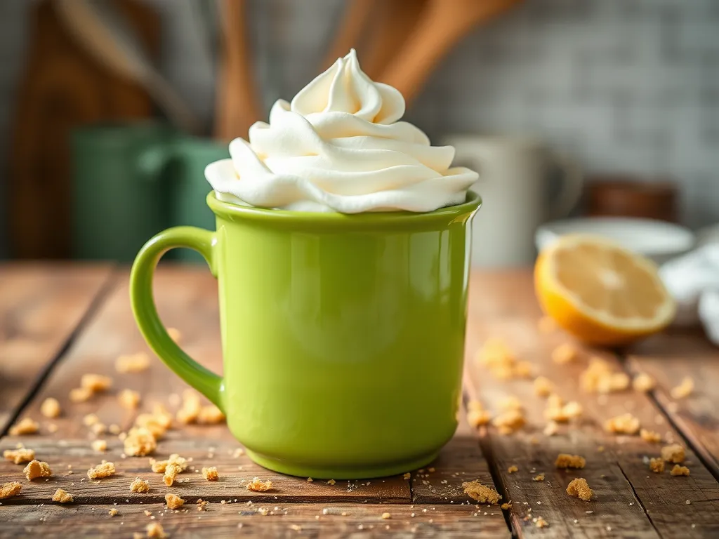Delicious 2-Minute Microwave Key Lime Pie Mug topped with whipped cream