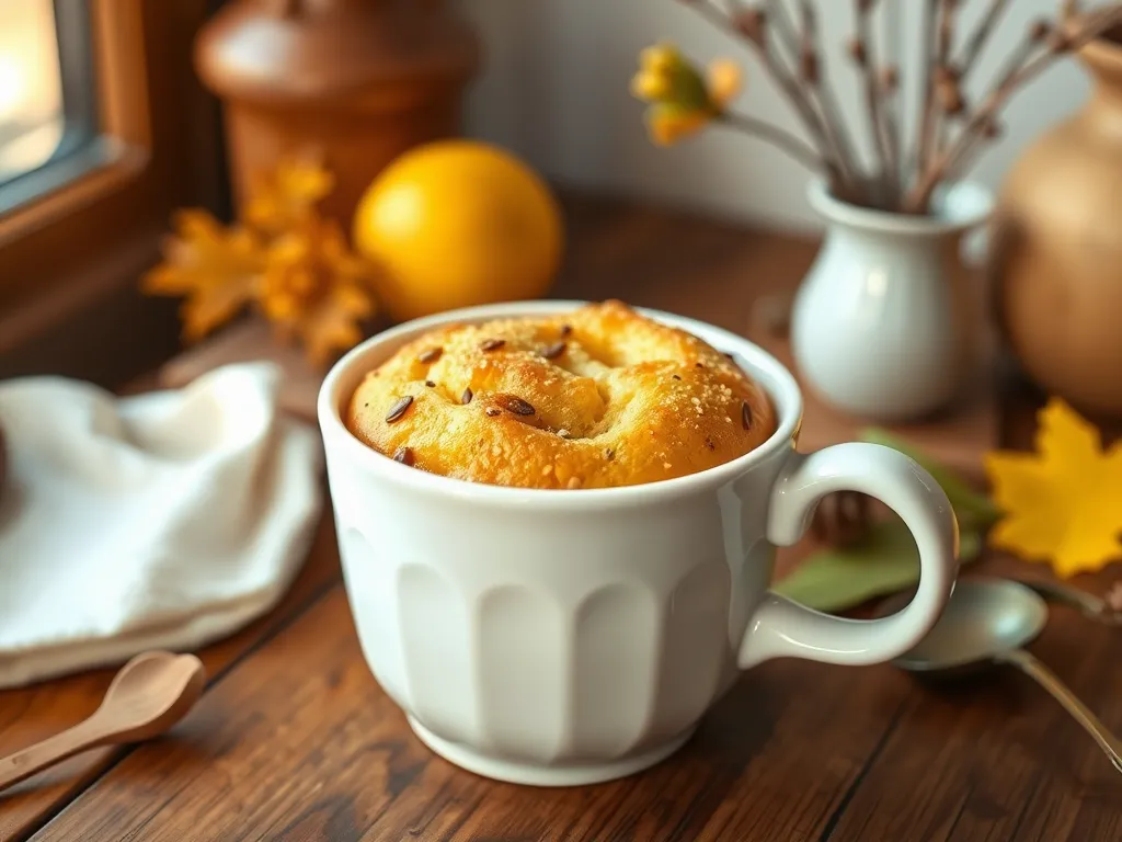 Delicious microwave lemon poppy seed mug cake topped with poppy seeds