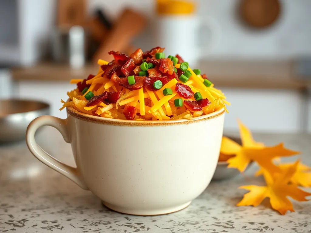 Delicious 2-Minute Microwave Loaded Hash Brown Mug topped with cheese, bacon, and green onions.
