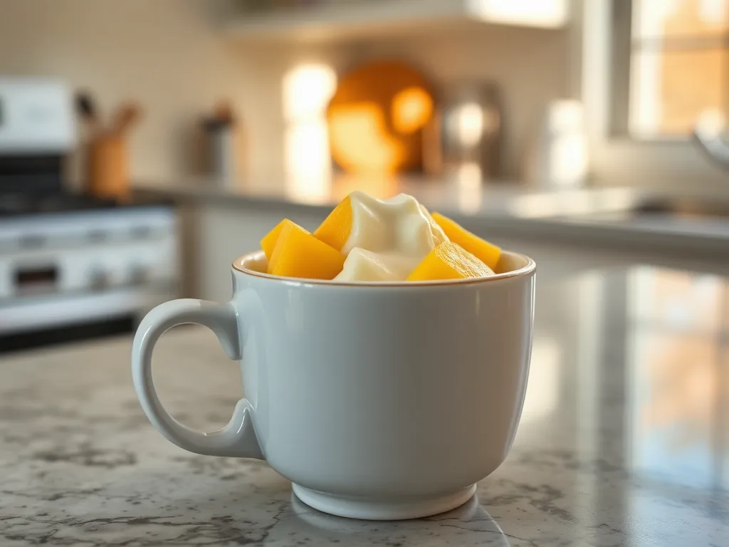 Delicious microwave mango coconut mug with mango pieces and cream