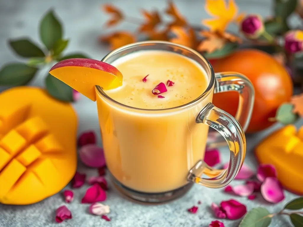 Delicious microwave mango lassi served in a mug garnished with fresh mango and rose petals