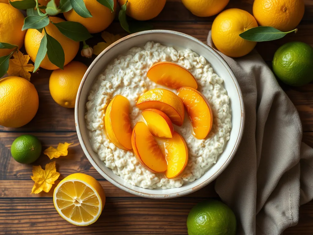 Microwave mango lime mug with fresh mango slices on top surrounded by lemons and limes