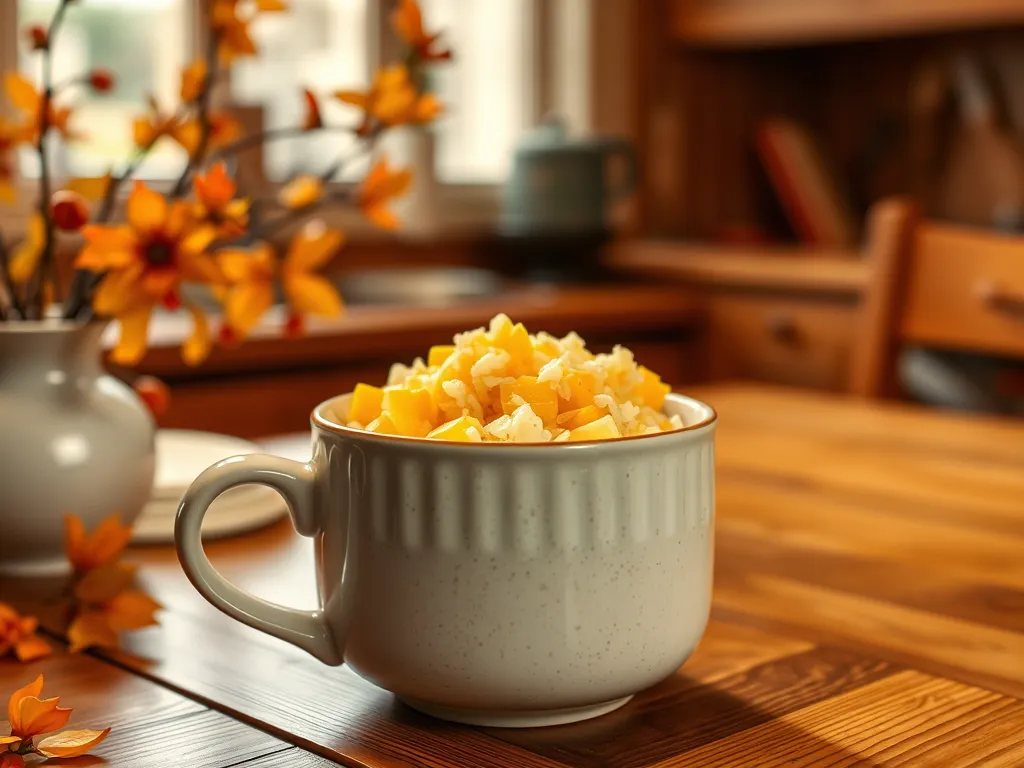 Delicious microwave mango sticky rice served in a mug with fresh mango chunks.
