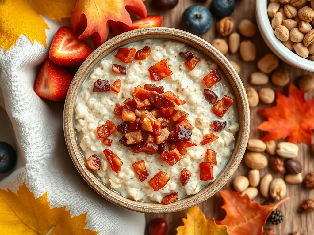 Delicious bowl of microwave maple bacon oatmeal topped with crispy bacon and fresh fruits.