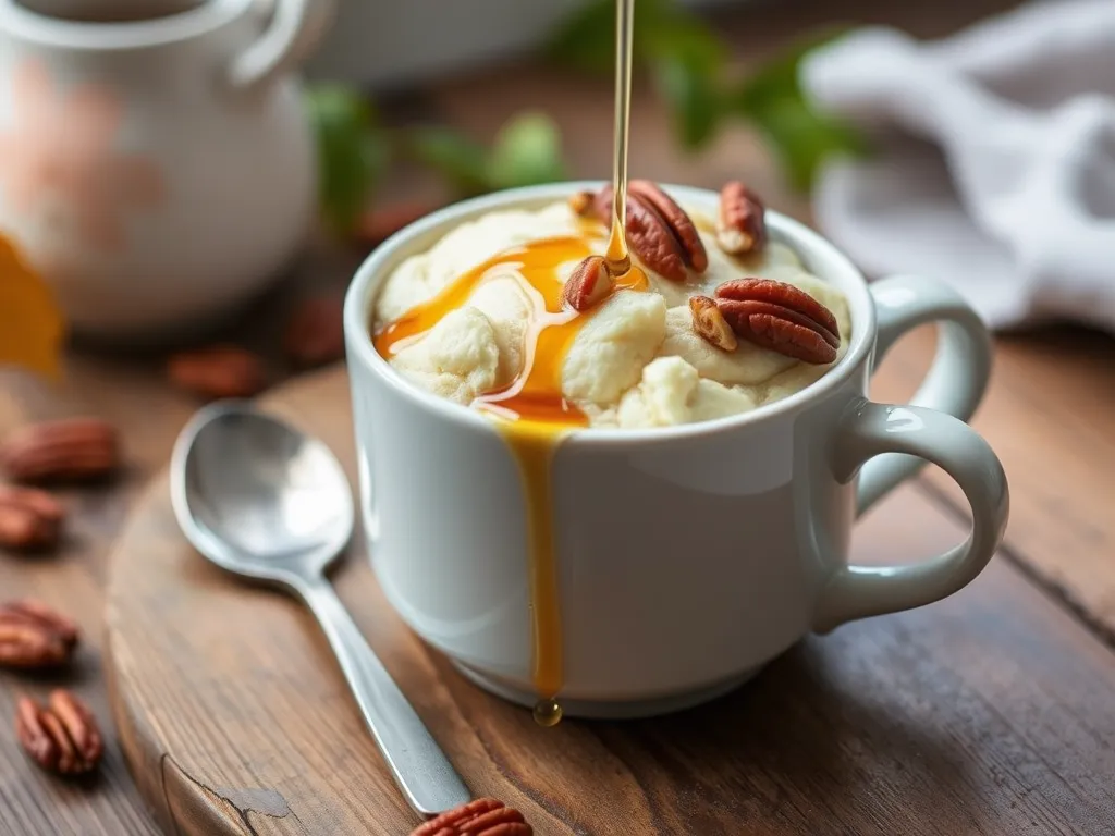 Delicious microwave maple pecan mug cake topped with syrup and pecans.
