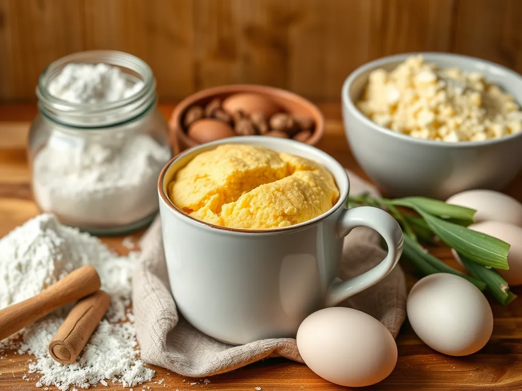 Delicious 2-Minute Microwave Maple Pecan Mug Cake in a white mug surrounded by ingredients like flour, eggs, and pecans.