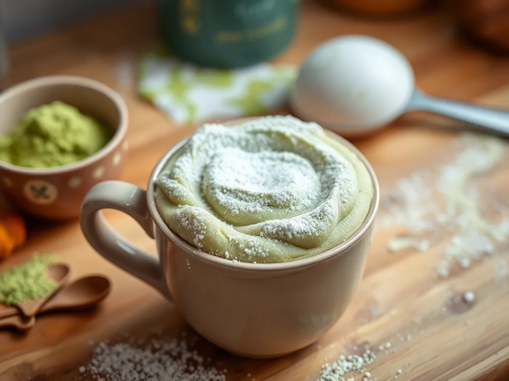 Delicious microwave matcha latte cake topped with powdered sugar