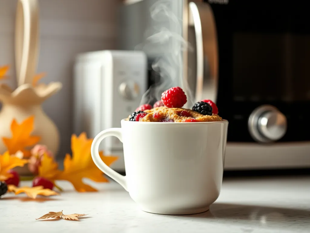 Delicious microwave mixed berry mug topped with fresh raspberries and blackberries.