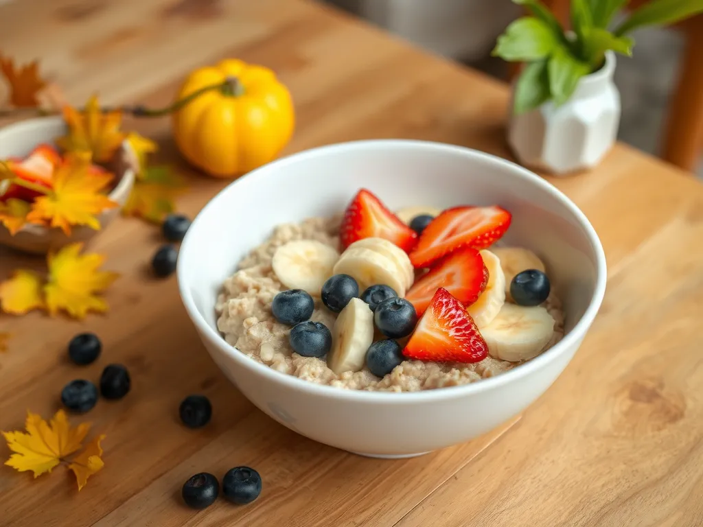 A delicious microwave mixed fruit mug featuring oats, bananas, strawberries, and blueberries.