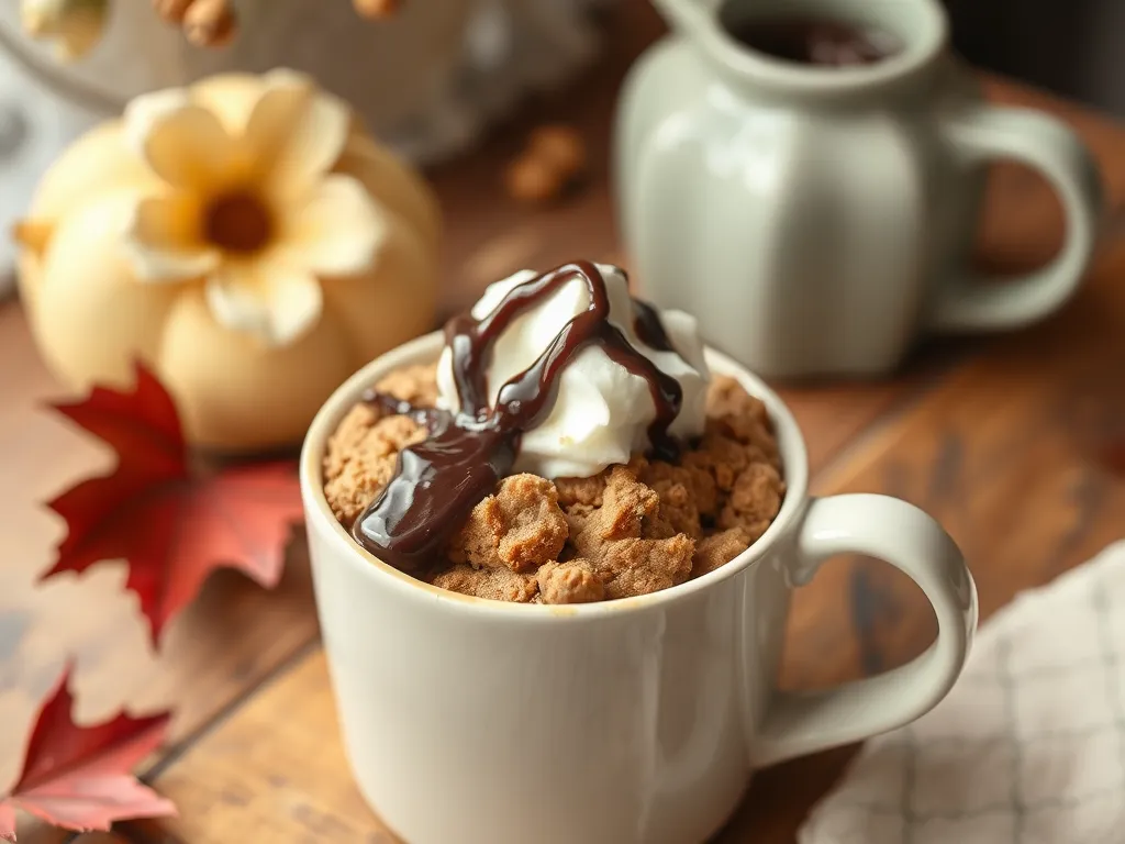 Delicious 2-Minute Microwave Mocha Mug Cake topped with whipped cream and chocolate sauce