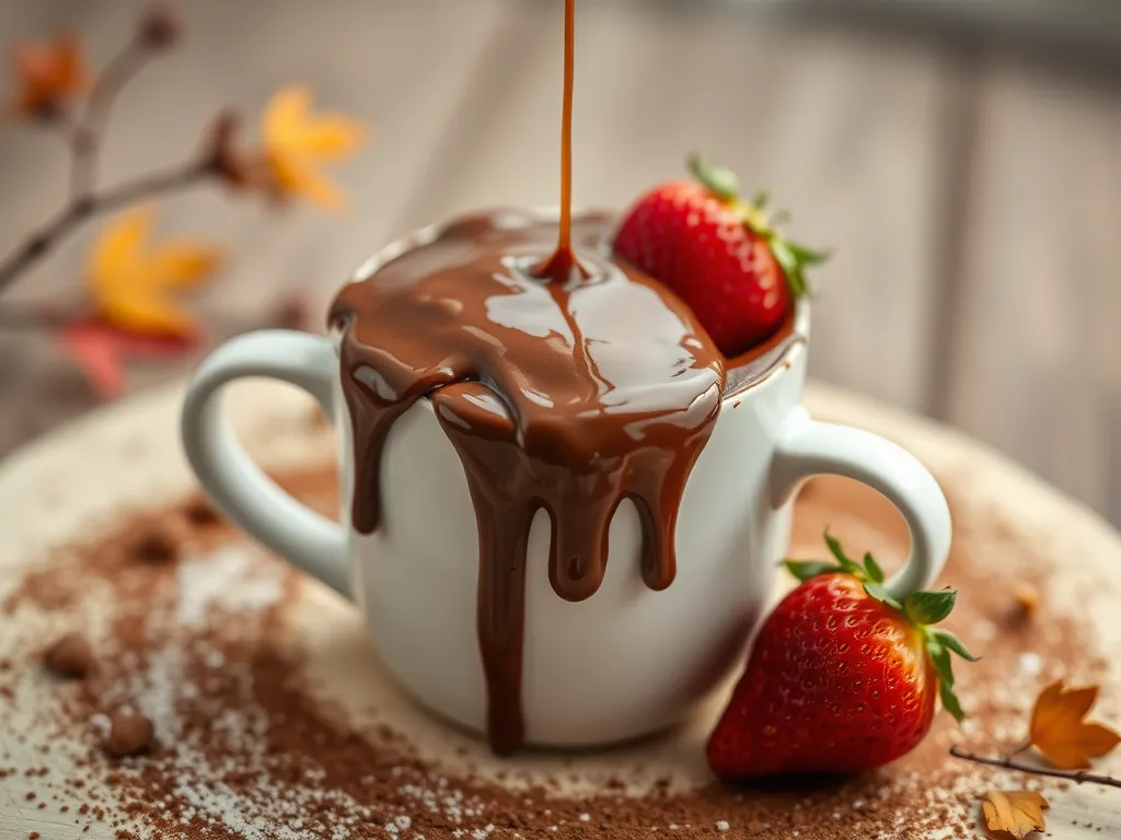 Microwave Nutella brownie mug topped with chocolate and fresh strawberries