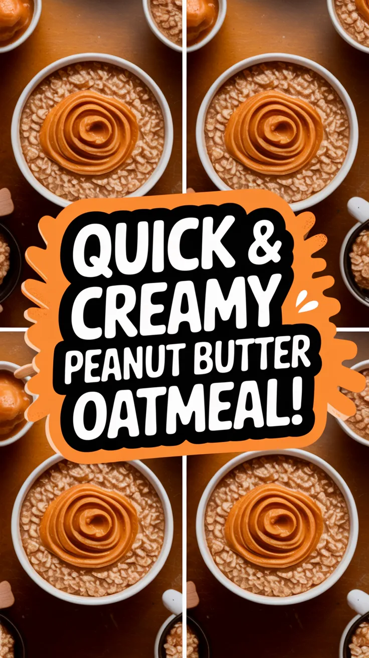 Bowl of lazy microwave instant oatmeal topped with creamy peanut butter