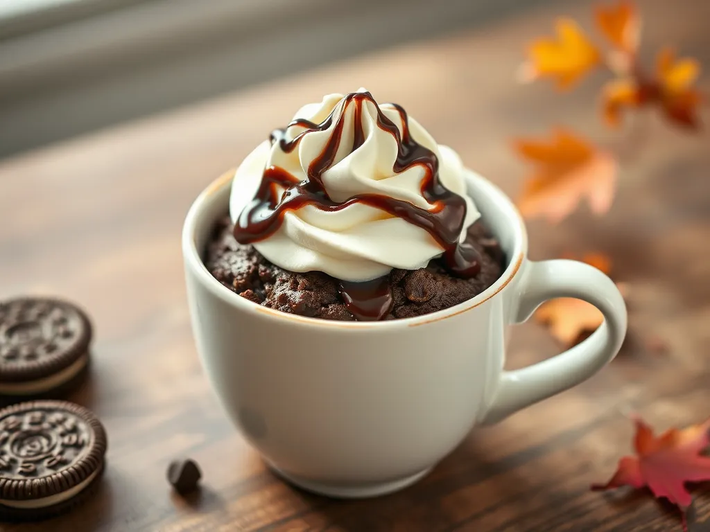 Delicious Microwave Oreo Cheesecake Mug topped with whipped cream and chocolate sauce.