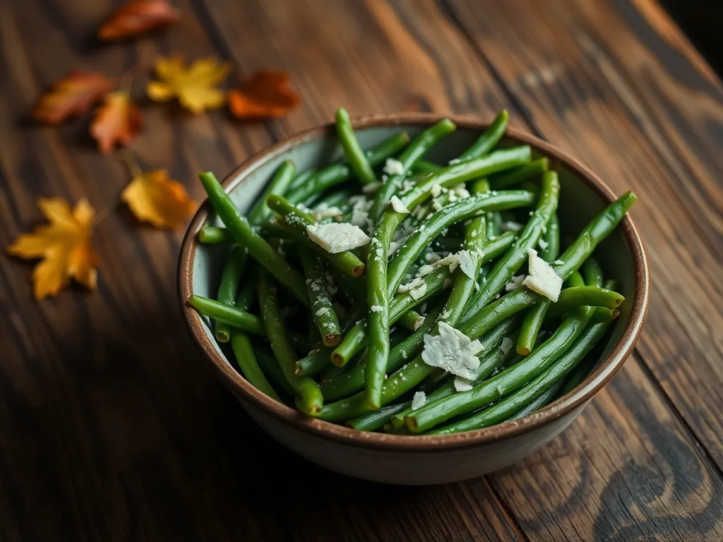 Bowl of quick microwave Parmesan green beans garnished with cheese