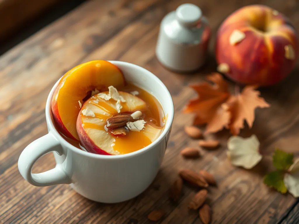 Delicious microwave peach almond mug topped with sliced peaches and almonds