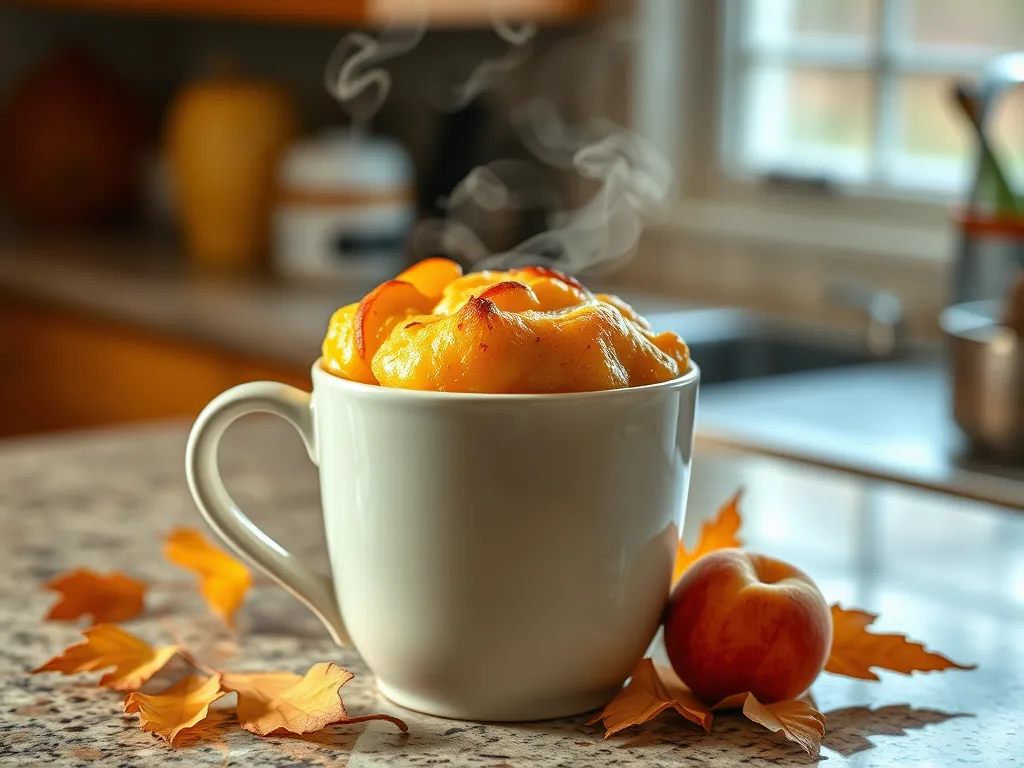 Warm and fluffy microwave peach cobbler in a mug