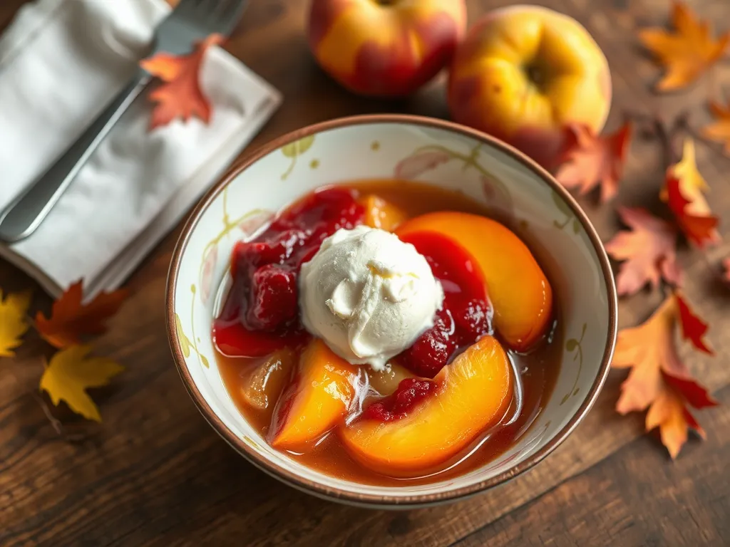 Delicious microwave peach melba mug dessert with peaches, raspberry sauce, and ice cream