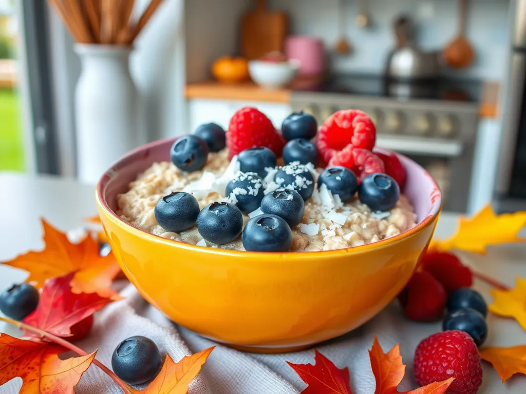 Delicious bowl of peaches and cream oatmeal topped with blueberries and raspberries